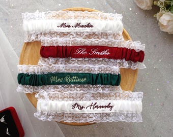 Custom Embroidery Blue Lace Wedding Bridal Garter with Name