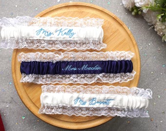Custom Embroidery Blue Lace Wedding Bridal Garter with Name
