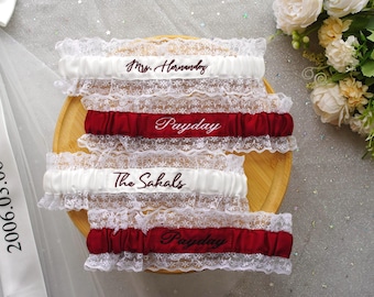 Custom Embroidery Blue Lace Wedding Bridal Garter with Name