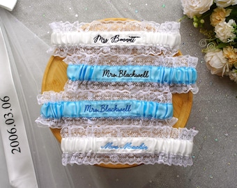 Custom Embroidery Blue Lace Wedding Bridal Garter with Name