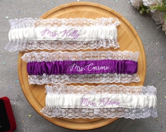 Custom Ivory Lace Wedding Garter with Embroidery, Personalized Something Blue Bridal Garter