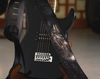 Limited Edition Black Leather Guitar Strap – Hand-Painted Dragon Design (9cm Wide)