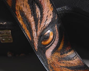 Handmade Leather Guitar Strap, Tiger Eye Design, 9cm Wide, Customizable