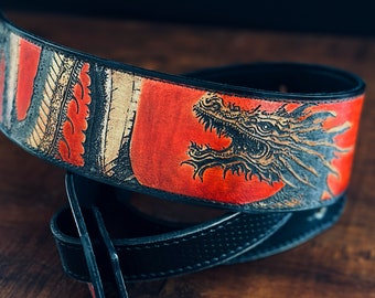 Guitar Strap Dragon -  Red Leather Strap Acoustic, Bass, Classical & Electric Guitar - Customade Premium Leather Guitar Strap - Unique Gift