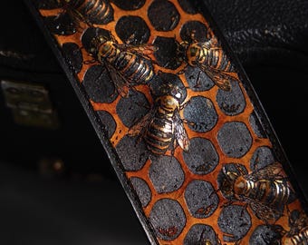 Bass Leather Guitar Strap, Bees handpainted Gift, For Acoustic, electric, Bass
