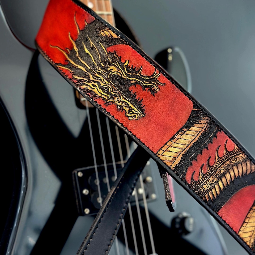Guitar Strap Dragon - Red Leather Strap Acoustic, Bass