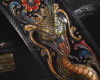 Wide Leather Guitar Strap with Hand-Painted Snake - 9cm / 3.5 Inch