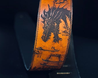 Leather Dragon Guitar Strap - Engraved Strap Acoustic, Bass, Classical & Electric Guitar - Customade Premium Leather - Unique Gift