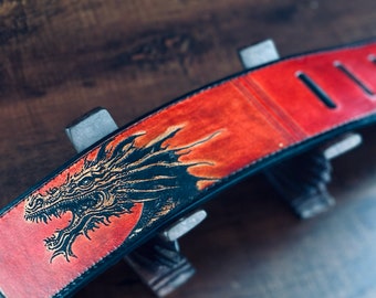 Guitar Strap Dragon -  Red Leather Strap Acoustic, Bass, Classical & Electric Guitar - Customade Premium Leather Guitar Strap - Unique Gift