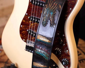 Dragon Guitar Strap , Leather Personalized Guitarist Gift , For Acoustic, Electric, Bass