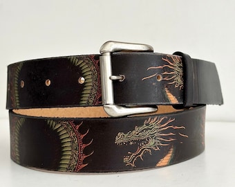 Personalised Dragon Leather Belt  - Gift for him/her/them - Fathers Day Gift - Handmade Pemium Leather Belt Patterned - Custom Belt Dragons