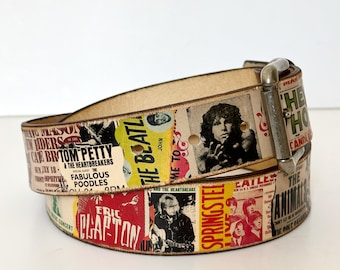 Personalized Brown leather belt - ROCK concert POSTERS collage / Gift for Him/Her/Them - Gift for Music Lovers - Fathers Day Gift - Custom