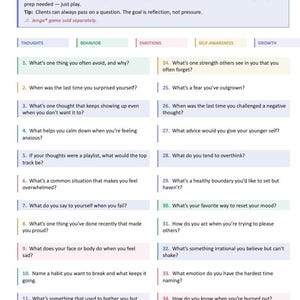 May include: A printed Reflection Jenga facilitator question guide featuring 45 therapy-inspired prompts. The document includes instructions for use, color-coded categories for thoughts, behavior, emotions, self-awareness, and growth, and numbered questions.