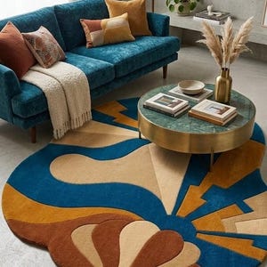 Handcrafted Tufted Seashell Rug, Art Deco Sunburst, Boho Coastal Accent (Irregular Shape)