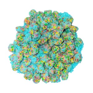 Può includere: Un gruppo di caramelle blu e zuccherate con una superficie strutturata e granulare. Le caramelle sono cosparse di piccoli pezzi colorati nelle tonalità del giallo, arancione, rosa e verde. Le caramelle sono disposte in una forma arrotondata e irregolare su sfondo bianco.