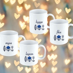 Scandinavian slogan text mug - hygge lagom mysa fika