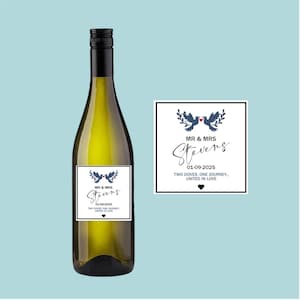 Personalised Wine Bottle Wedding Doves Label Decal - choose your name and date