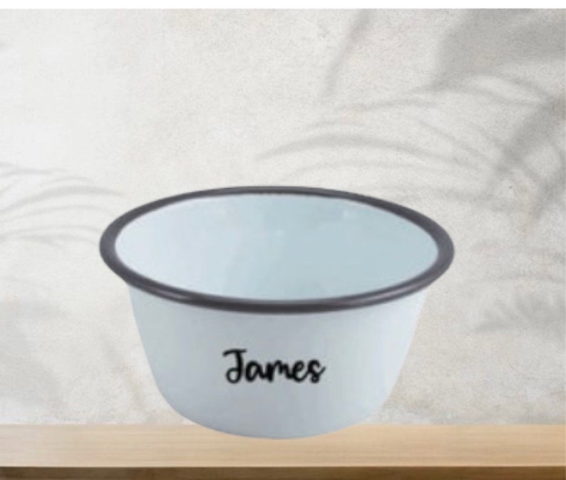 Personalised Enamel White Bowl With Coloured Rim 12cm Bowl customise with your name image 3
