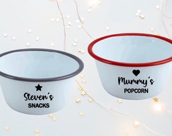 Personalised Enamel White Bowl With Coloured Rim 12cm Bowl - customise with your name