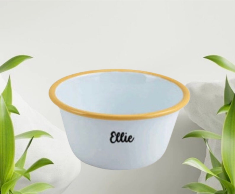 Personalised Enamel White Bowl With Coloured Rim 12cm Bowl customise with your name image 2