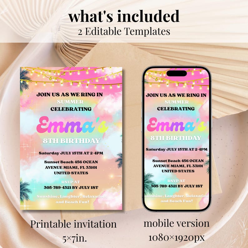 Editable Rainbow Summer Birthday Invitation Pastel Phone Printable editable-rainbow-summer-birthday-invitation-pastel-phone-printable