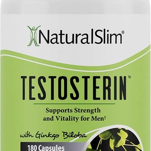 May include: A white bottle of NaturalSlim TESTOSTERIN dietary supplement. The label is green and white, with the text "TESTOSTERIN" in large, bold letters. It supports strength and vitality. Contains 180 capsules with Ginkgo Biloba.