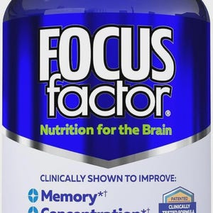 May include: A blue bottle of Focus Factor dietary supplement. The label features the brand name in large white letters, with "Nutrition for the Brain" below. It claims to improve memory, concentration, and focus. Contains 180 tablets.
