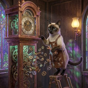May include: A Siamese cat wearing a leather apron and holding a wrench stands on a small wooden ladder, working on a large antique clock. The clock has a glass front, revealing gears and a clock face. The background includes stained glass windows and a wall sconce.