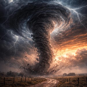 Può includere: Immagine drammatica di un enorme tornado che scende su un paesaggio rurale. Il vortice scuro e vorticoso domina il cielo, con fulmini che illuminano le minacciose nuvole. Una strada sterrata conduce alla tempesta, con una recinzione e case in lontananza.