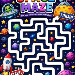 Op de afbeelding: Een kleurrijk ruimtethema doolhofspel met de titel "SPACE MAZE" in regenboogkleuren. Het doolhof bevat planeten, sterren, een raket en een alien in een ruimteschip. De tekst "Find your way to the cosmic destination!" is ook opgenomen.