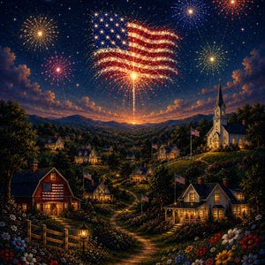 May include: A digital painting of a nighttime landscape with fireworks. The fireworks form an American flag in the sky. A small town with houses, a church, and a barn is nestled in the valley below, with American flags displayed.