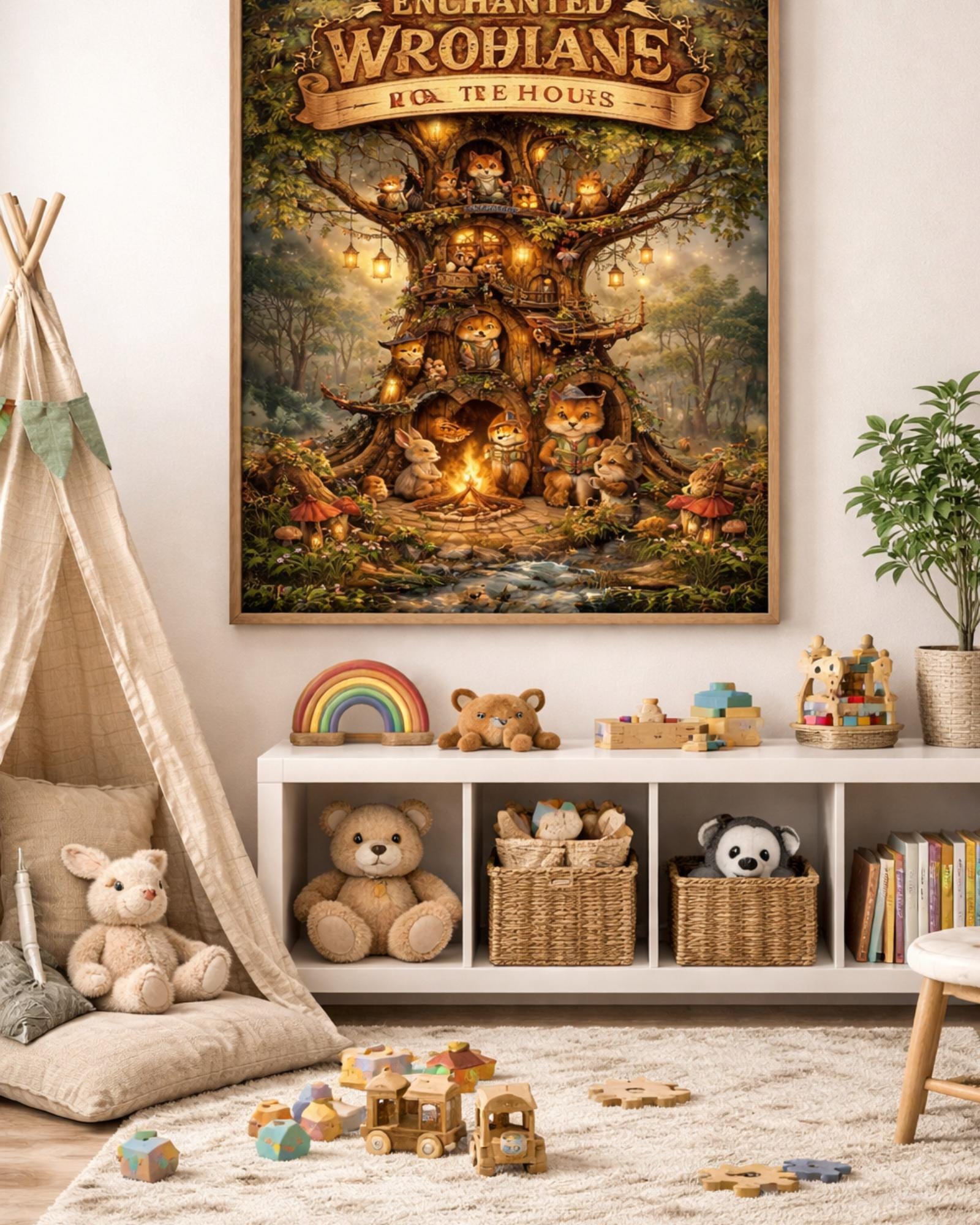 Woodland Animal Treehouse Art, Whimsical Forest Nursery Print (digital ...