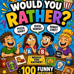 Könnte beinhalten: Eine bunte Would You Rather Spielschachtel mit vier Zeichentrickkindern, die mit Karten spielen. Die Schachtel zeigt den Text Would You Rather, 100 Funny Questions und Printable Would You Rather Game 8 x 10 IN. Verschiedene Symbole wie ein Pizzastück, eine Ente und ein Drache umgeben den Titel.
