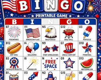 4th of July Bingo Printable Game, Kids Party Activity, 8.5x11 Digital Download - 4 pack