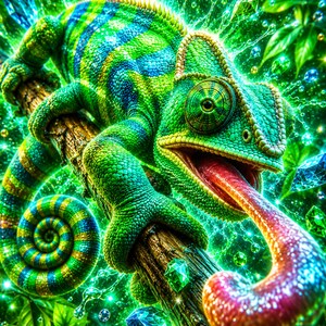 Pode incluir: Um camaleão verde e azul vibrante com um corpo texturizado e escamoso está pousado num ramo castanho. O camaleão tem a sua língua longa, de cor rosa avermelhada, estendida para fora. O ambiente apresenta folhagem verde e cristais flutuantes.