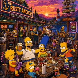 Peut inclure: Illustration vibrante des Simpson au restaurant "The Rusty Anchor". La scène comprend un coucher de soleil, un phare et des panneaux pour la location de bateaux et la pêche. Les personnages sont autour d'une table avec de la nourriture et des boissons.