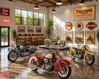 Vintage Harley Garage Prints, Motorcycle Man Cave Decor, Biker Wall Art Set