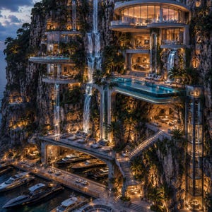 May include: An architectural marvel built into a cliffside, featuring multiple levels with waterfalls, pools, and luxurious living spaces. The design includes a boat dock, outdoor seating, and a glass elevator, all illuminated at night.