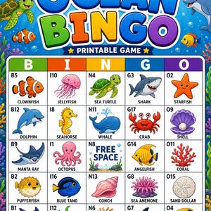 Può includere: Un colorato tabellone di gioco stampabile "Ocean Bingo" con illustrazioni di cartoni animati di varie creature marine. Il tabellone di gioco include una varietà di vita marina, come delfini, squali e stelle marine, con la parola "Bingo" a caratteri grandi.