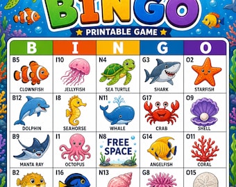 Ocean Bingo Printable Game, Kids Party Activity, Classroom Cards, 8.5x11 Digital Download-4 pack
