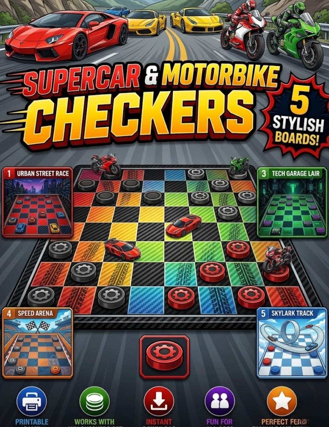 Racing Checkers Game, 8.5x11 Printable Board Game, Supercar Motorbike ...