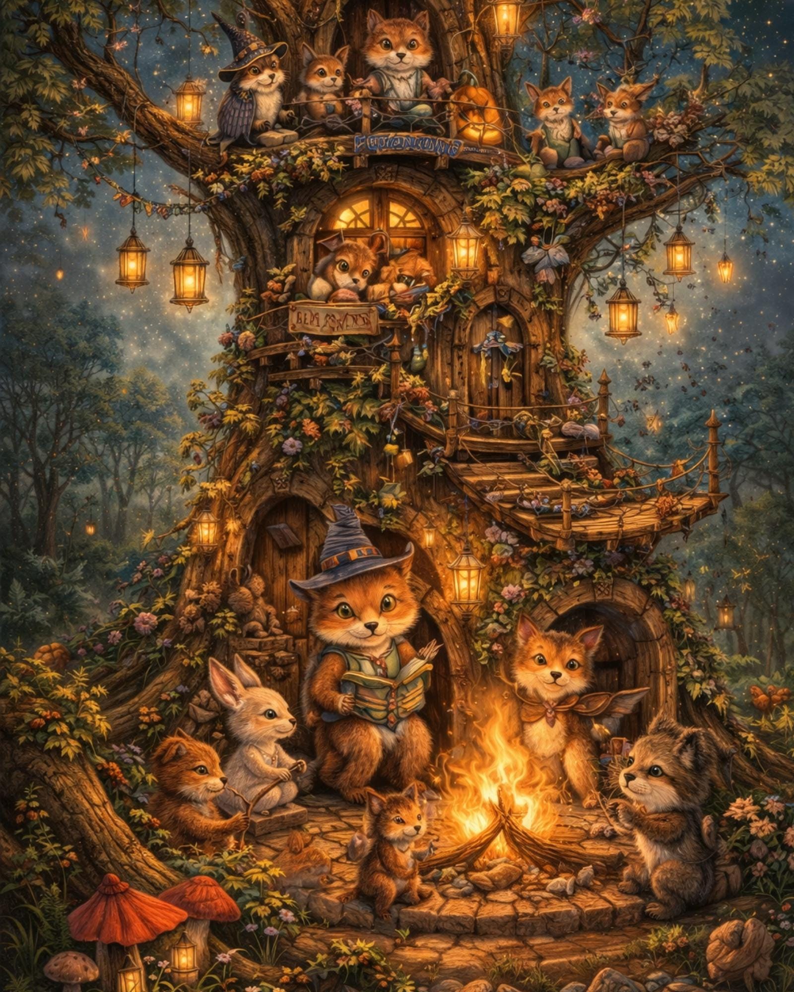 Woodland Animal Treehouse Art, Whimsical Forest Nursery Print (digital ...