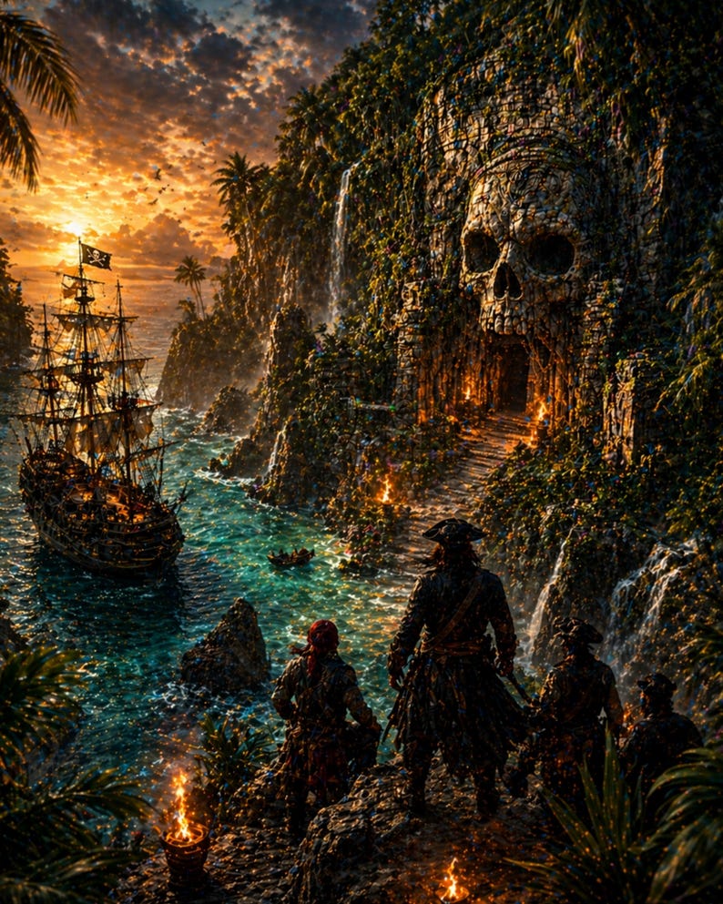 Pirate Cliffs Pirate Adventure Wall Art Set, Skull Island Treasure Cove Prints (8x10 ...