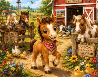 Western Horse Nursery Art, Ranch Animals, Wildflowers, Storybook Prints (Digital Download)