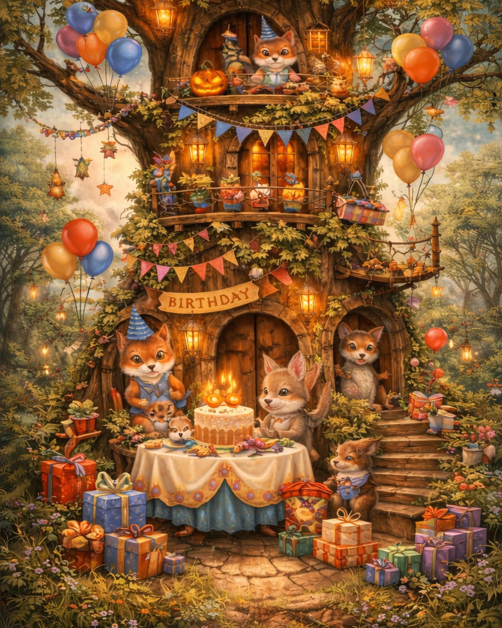 Woodland Animal Treehouse Art, Whimsical Forest Nursery Print (digital ...