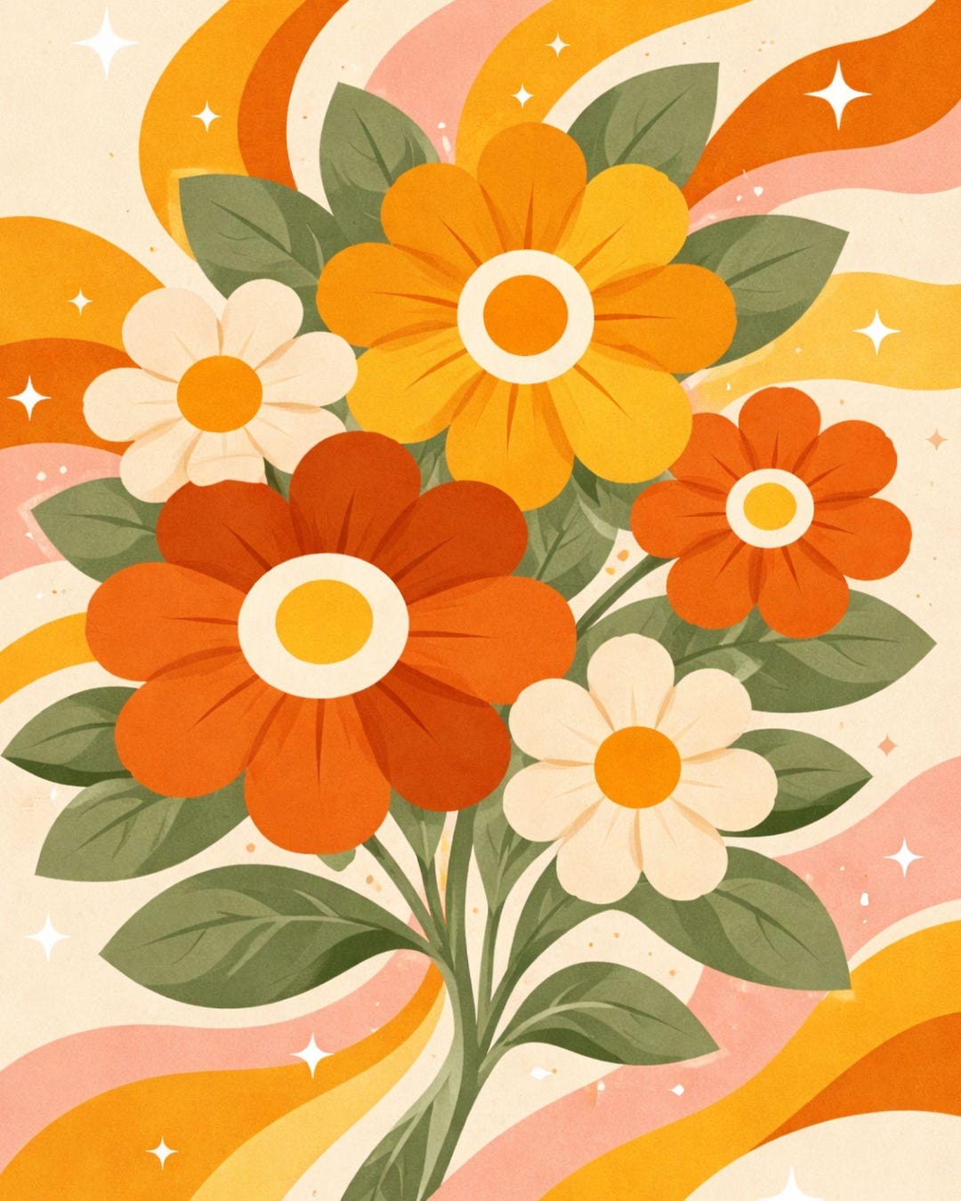 Yellow Retro Floral Wall Art Print 8x10 - Etsy