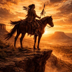 Könnte beinhalten: Illustration eines amerikanischen Ureinwohners auf einem Pferd bei Sonnenuntergang. Der Reiter, der einen Speer hält, trägt traditionelle Kleidung. Das Pferd steht auf einer Klippe mit Blick auf einen Canyon. Der Himmel ist mit Orange- und Gelbtönen gefüllt.