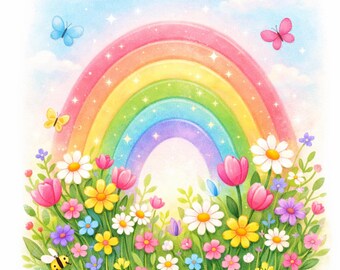 Bright Nursery Wall Art Set, Wildflower Rainbow Prints, Floral Baby Room Decor, 8x10