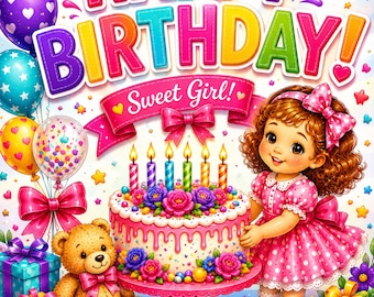 Girls Birthday Card, Carousel Theme, Foldable (8.5 x 5.5 in) (Digital Download)