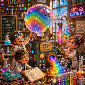 May include: A whimsical illustration of a laboratory with a rainbow bubble machine. Children in lab coats are experimenting with colorful liquids and bubbles. The scene includes beakers, test tubes, and books with titles like "Young Inventor's Handbook". Signs read "Big Ideas Start Here" and "Science is Magic".